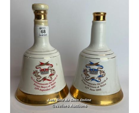 Two Bell's Scotch Whisky Decanters Commemorating the birth of Prince William of Wales and Prince Henry of Wales, 50cl, 40% vo