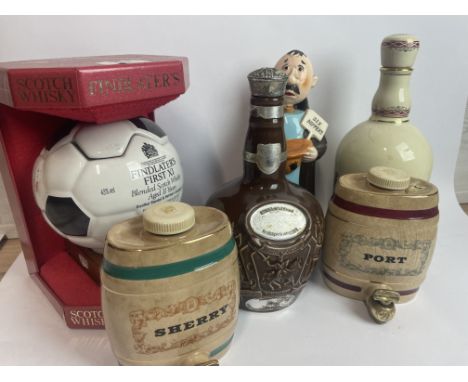 Six assorted vintage decanters inc. The Famous Grouse (made by Wade, 24ct gold gilding) and a candle holder