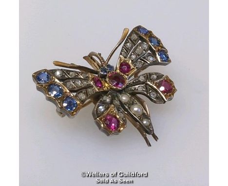 Late Victorian ruby, sapphire, diamond and pearl butterfly brooch with pendant loop and removable brooch fittings. Old cut ru