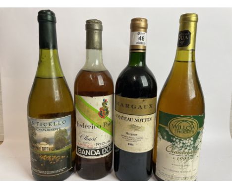 Four bottles of vintage wines inc. 1986 Margaux Chateau Notton, 1993 Willow Heights Chardonnay, 1985 Federico Paternina Rioja