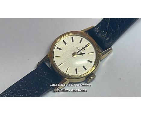 Vintage omega gold plated cocktail wristwatch with leather strap, 1.5cm diameter  