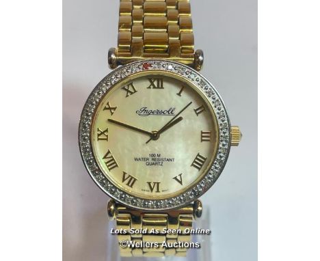Ingersoll stainless steel wristwatch with quartz movement, 36mm mother of pearl dial and diamond bezel on gold plated brick l