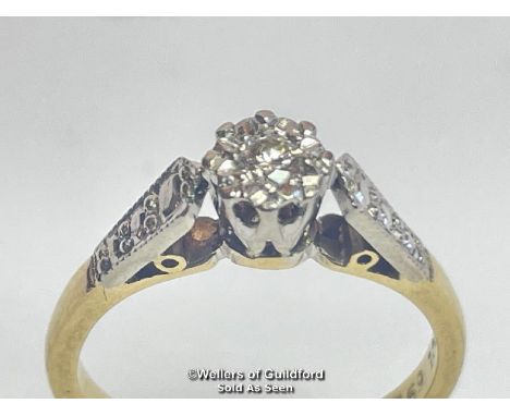 Illusion set diamond solitare ring in yellow and white metal stamped 18ct. Estimated diamond weight 0.08ct. Ring size K, weig