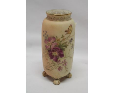 A Royal Worcester china cylindrical vase with pierced rim, painted floral decoration on scroll feet, 5½" high