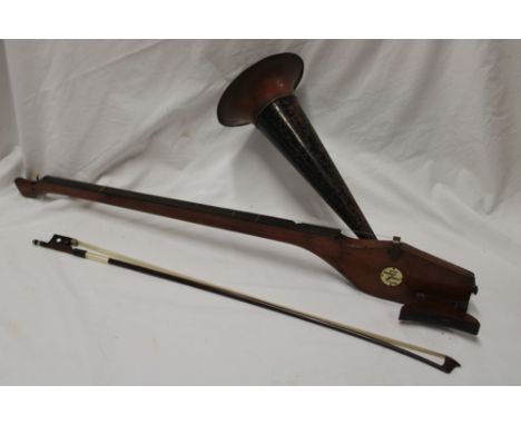 An unusual mahogany phono-fiddle by AS Howson with painted metal horn and bow