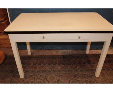 An old painted pine rectangular kitchen table with original enamel top and a single drawer in the frieze, 48" x 27½"
