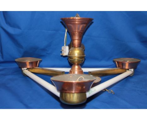 A 1950/60s Art Deco-style brass and copper triangular  ceiling light, rewired, 26" wide