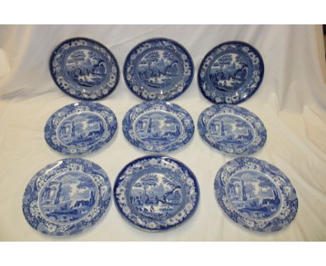 Five Copeland Spode 'Italian' pattern blue and white circular plates, 10" diameter, three 19th century Spode blue and white r