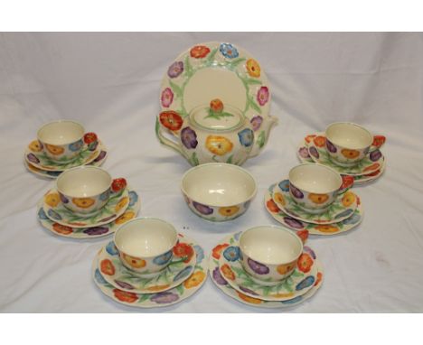 A 1920/30s Grindley Art Deco china tea set with hand painted floral decoration comprising six tea cups, six saucers, six tea 