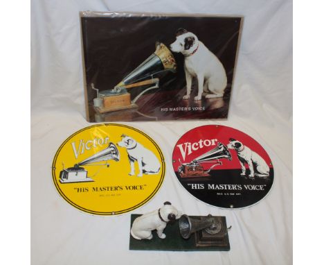 Two reproduction enamel HMV "Victor" circular signs, 11½" diameter, a reproduction HMV gramophone print and a modern cast iro