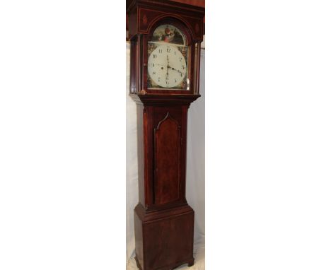 A 19th century longcase clock by S Harrison with 13" painted arched dial and 8-day movement in inlaid mahogany traditional ca