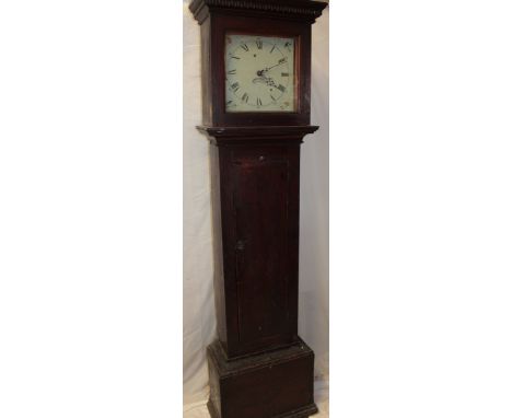 A 19th century longcase clock with painted 11" square dial and 30-hour movement in stained pine case