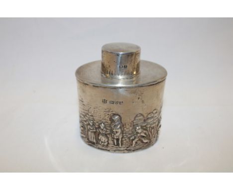 An Edward VII silver oval miniature tea caddy decorated in relief with numerous classical figures, Chester marks 1906, 3" hig