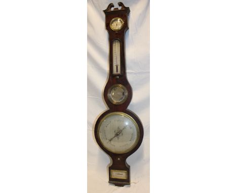 A 19th century mercury barometer with silvered circular dial below thermometer, dials and mirror in rosewood banjo-style case