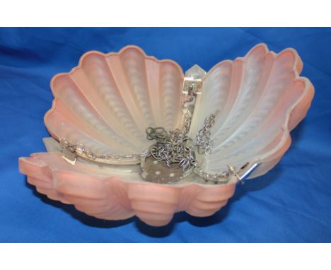 A 1930s Art Deco chromium plated hanging ceiling light shade with pink tinted clam shell glass mounts
