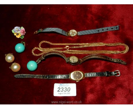 A small quantity of jewellery including clip-on earrings, Corvette watch, Timex, Crown Staffordshire china flower cluster bro