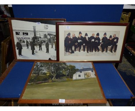An unsigned oil on board of a cottage and garden scene, a collage of people by a train and a Lawson Wood print titled 'Nine P