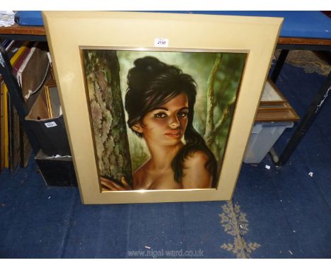 A large framed "vintage Tina picture" print depicting a dark haired woman standing amongst trees. 26" x 30".