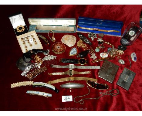 A quantity of costume jewellery, hair clips, compacts and watches to include a Rotary Swiss boxed watch etc.