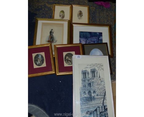 A quantity of prints and etchings to include; Paris scene, The Dairy, The Barn, an Anthony Waller print, A Lady in Dress of C