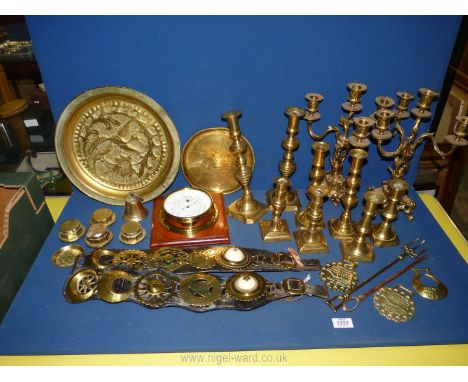 A good quantity of brass including candlesticks, candelabra, horse brasses, plate, barometer etc.