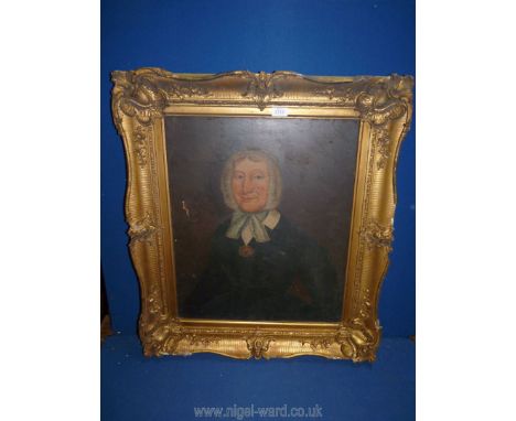 An ornately framed Oil on canvas portrait of a seated lady wearing a bonnet, unsigned, a/f, image size 20'' x 24''.