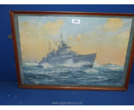 A wooden framed C.E. Turner print depicting H.M.S Sheffield. 24 3/4" x 16 3.4".