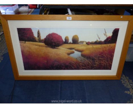 A large modern framed print titled verso 'Golden Grasses', no visible signature. 42 3/4" x 24 1/2".