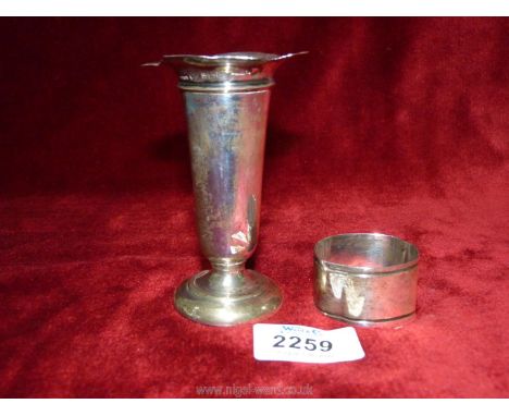 A Silver posy vase, Birmingham 1909 by Deakin &amp; Francis Ltd together with a mis-shapen silver napkin ring, Birmingham 190