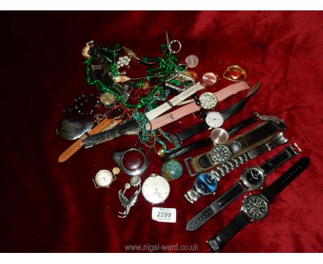 A quantity of watches including Geneva, Sekonda, Slazenger, Timex, etc, plus brooches, necklaces, and other jewellery.