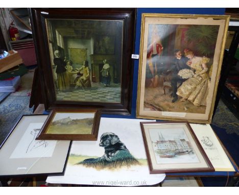 A framed print by Pieter De Hooch titled 'Dutch House Interior', a Mads Stage print of Fishing boats, a Pears style print 'In