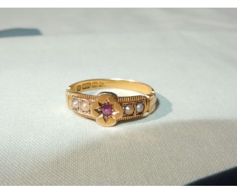 A Victorian 15ct gold seed pearl and ruby ring, size O