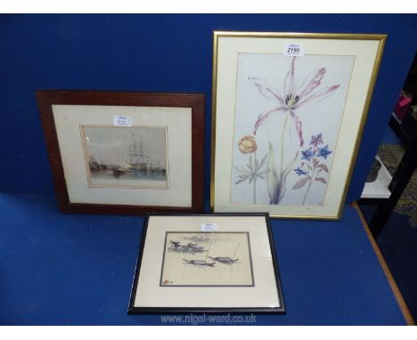 A small framed oriental watercolour of boats, hand coloured engraving of a Gosport, Flagship saluting and a print of flowers.
