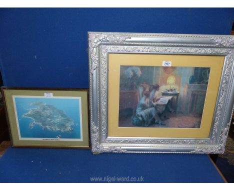 Two framed prints; one of Alderney from 5000ft and the other of two ladies sat reading a book by a lamp.