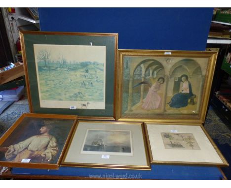 A quantity of prints to include A. Ashley Boon hunting print, The Annunciation by Angelico, Les Moulins, an engraving 'The Fi