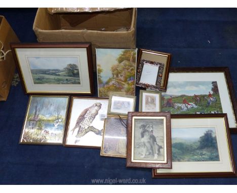 A quantity of prints including shepher watching his sheep, hunting print, Janet Sheath limited edition miniature paintings, e