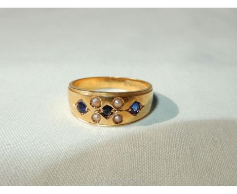 A Victorian 15ct gold seed pearl and sapphire ring, size N
