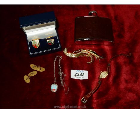 A tray of miscellaneous jewellery to include a stainless steel, leather covered hip flask, pair of vividly coloured and ename