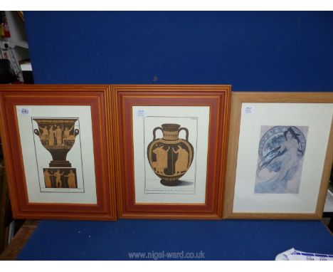 A framed and mounted print by Alphonse Mucha, along with two framed prints of classical Greek urns.