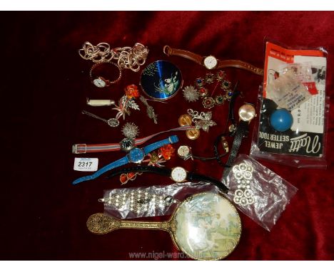 A quantity of jewellery including clip-on earrings, buckle, scarf ring, watches including Timex and Limit, Natti jewel setter