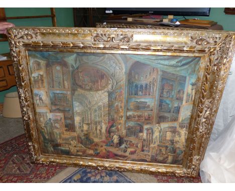 A very large ornate gilt framed Print on board by Giovanni Paolo Panini titled 'Ancient Rome', 60" x 48" including frame.