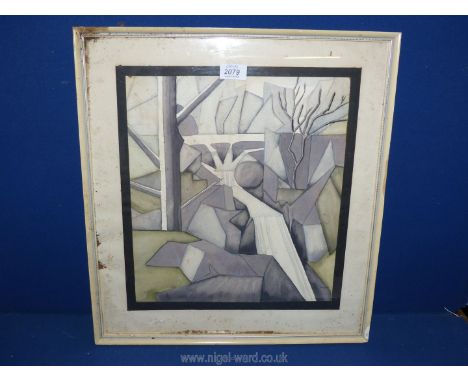 A framed and mounted abstract watercolour in grey and green tones, signed lower right 'R. Thorpe'. 18" x 19 1/2" including fr