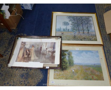 A large Monet Print 'Fields in Spring', along with a similar print and a Fred Pegram print The Christmas Dance... Awaiting th