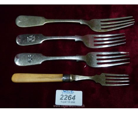 A pair of Silver forks, London 1880, H.J.L &amp; J.W, a single silver fork by A.P &amp; Co, plus a bone handled fork with sil