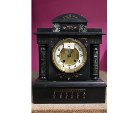 Slate mantel clock, workings marked Rex.  32 cm high x 25 cm long