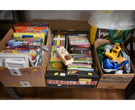 Three boxes of children's board games, books, Lego Duplo including Bob The Builder and Thomas The Tank Engine and bag of bubb