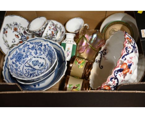 Box of rum butter bowl, Victorian painted teaware, oriental style blue and white bowls, Art Glass vase etc