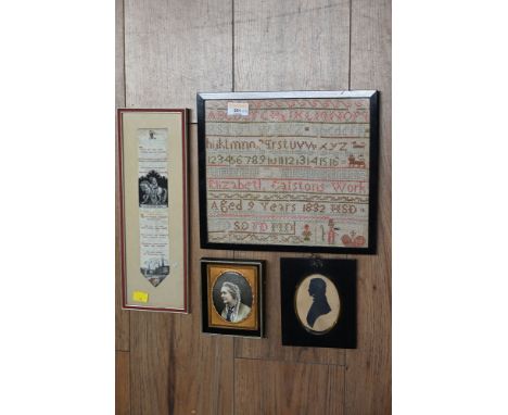 Silk bookmark Lady Godiva and 19th century needlework and a photographic transfer printed portrait on ceramic back, Georgian 