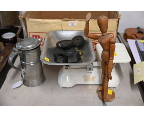 Vintage scales, wooden artists dummy and Globe Pewter Collection mead jug "Merrily Merrily Shall I Live Now"