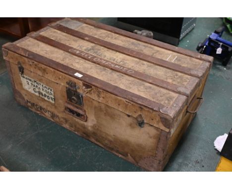 Wooden banded vintage trunk with zinc lining, 93 cm x 54 cm x 37 cm